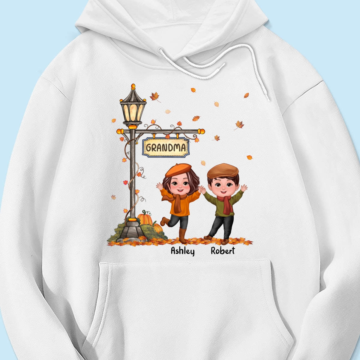 Fall Season Happy Doll Kids Under Lamp Post Personalized Shirt, Fall Season Gift For Grandma