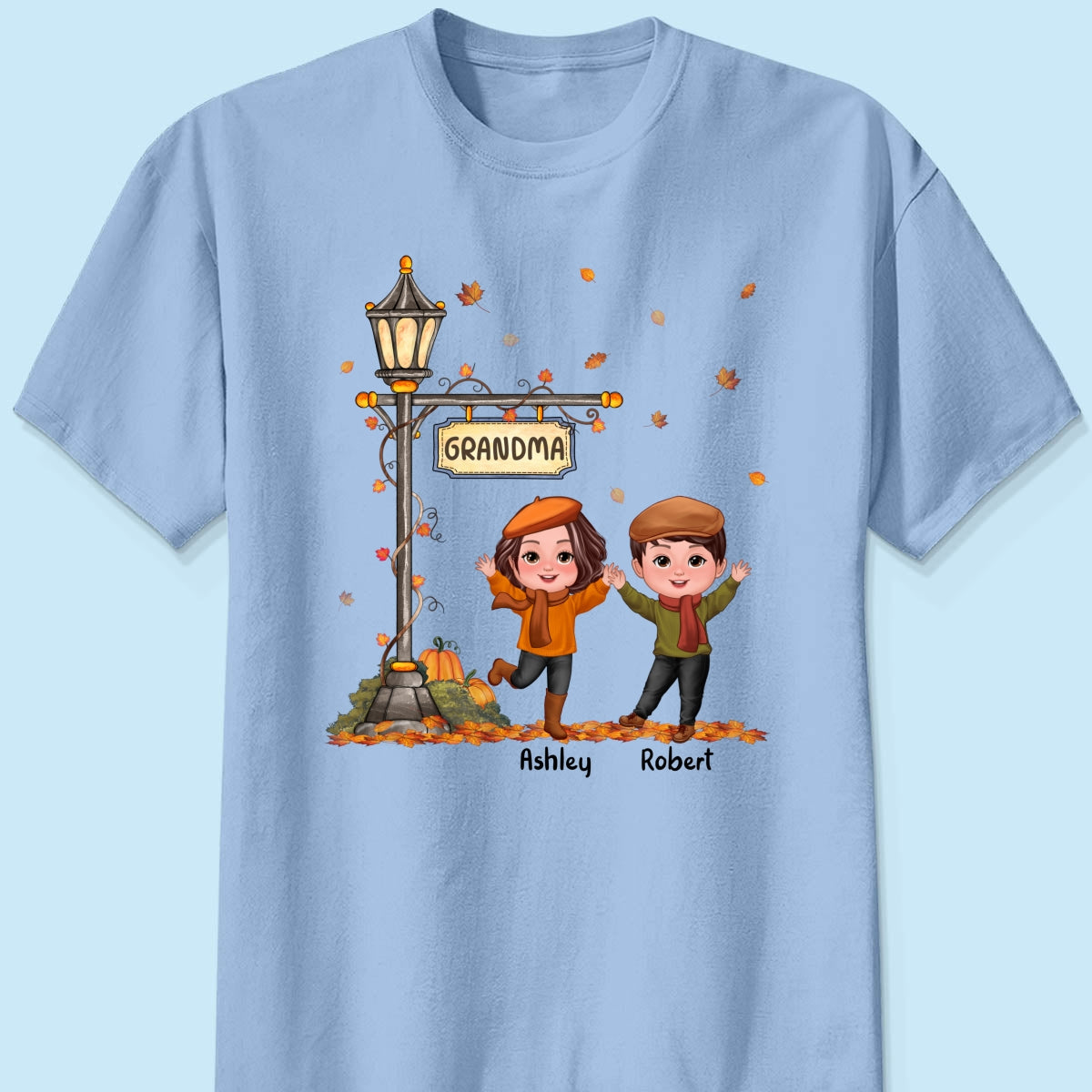 Fall Season Happy Doll Kids Under Lamp Post Personalized Shirt, Fall Season Gift For Grandma