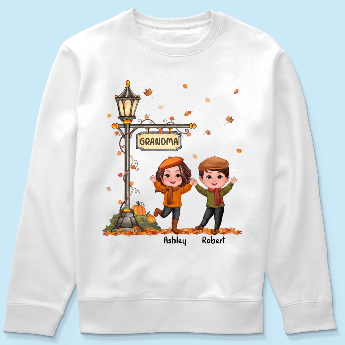 Fall Season Happy Doll Kids Under Lamp Post Personalized Shirt, Fall Season Gift For Grandma