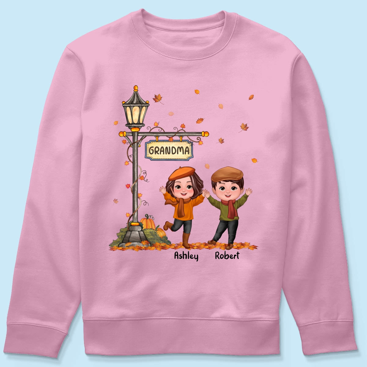 Fall Season Happy Doll Kids Under Lamp Post Personalized Shirt, Fall Season Gift For Grandma