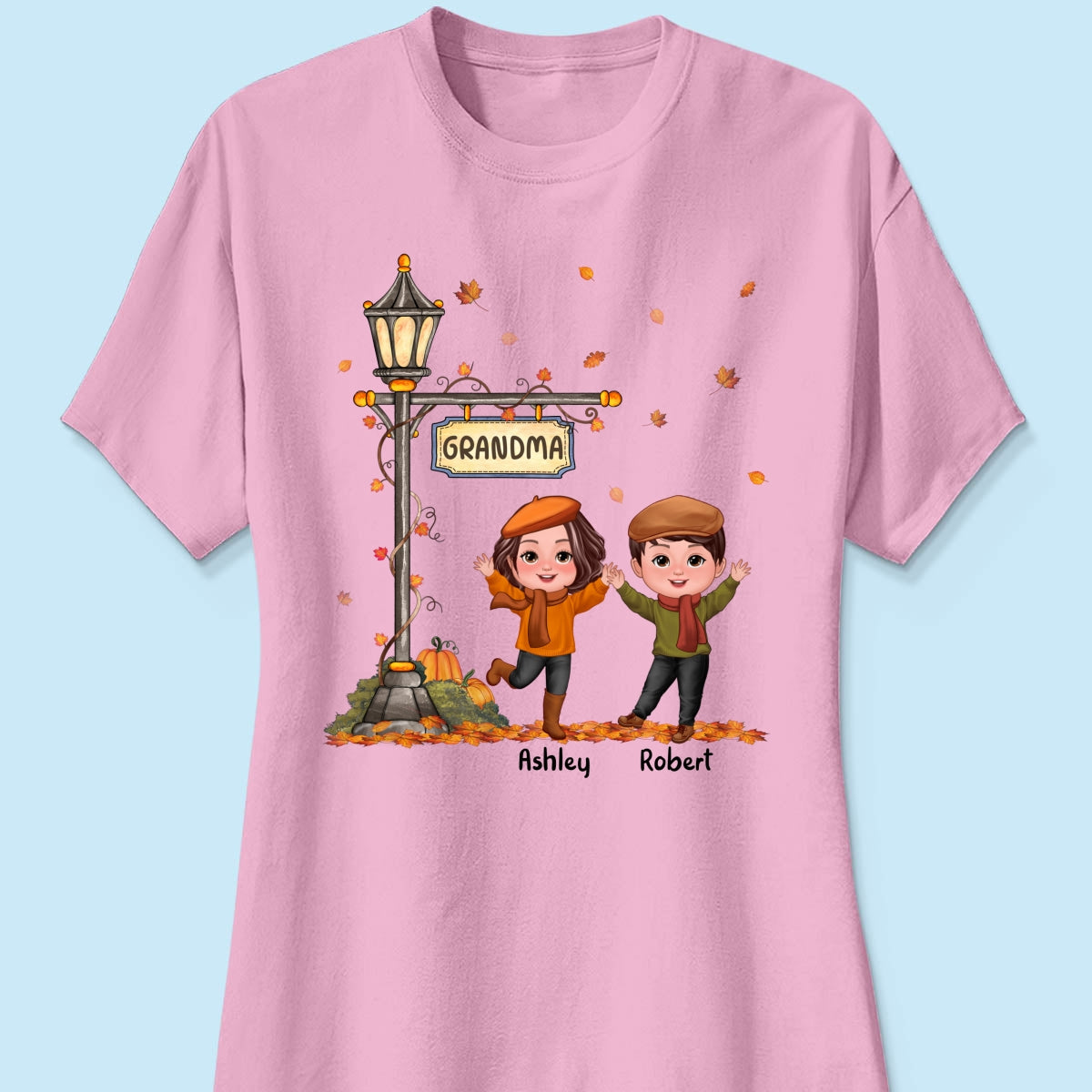 Fall Season Happy Doll Kids Under Lamp Post Personalized Shirt, Fall Season Gift For Grandma