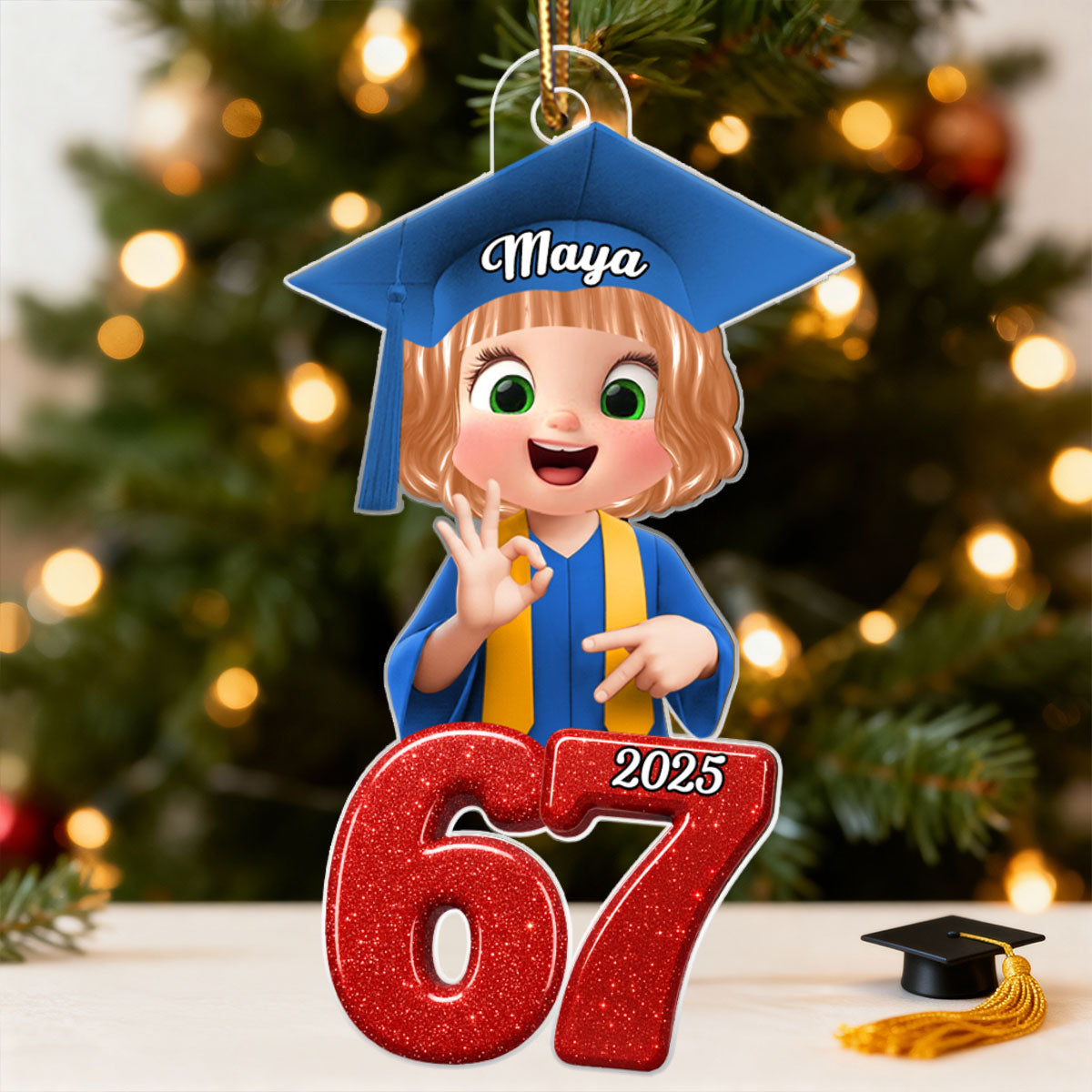 Glitter Pattern Senior Custom Six Seven 67 - Personalized Acrylic Ornament - Teen Slang Funny Tree Decor, Funny Teen Grandkid Gift
