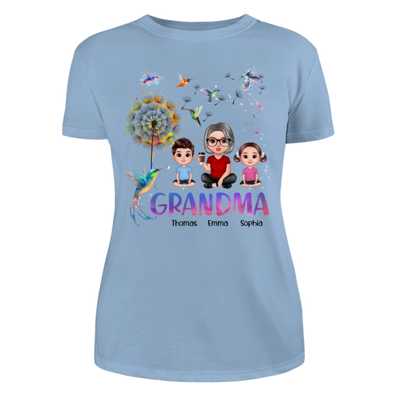 Realistic Doll Grandma Grankids Hummingbird Dandelion Personalized Shirt