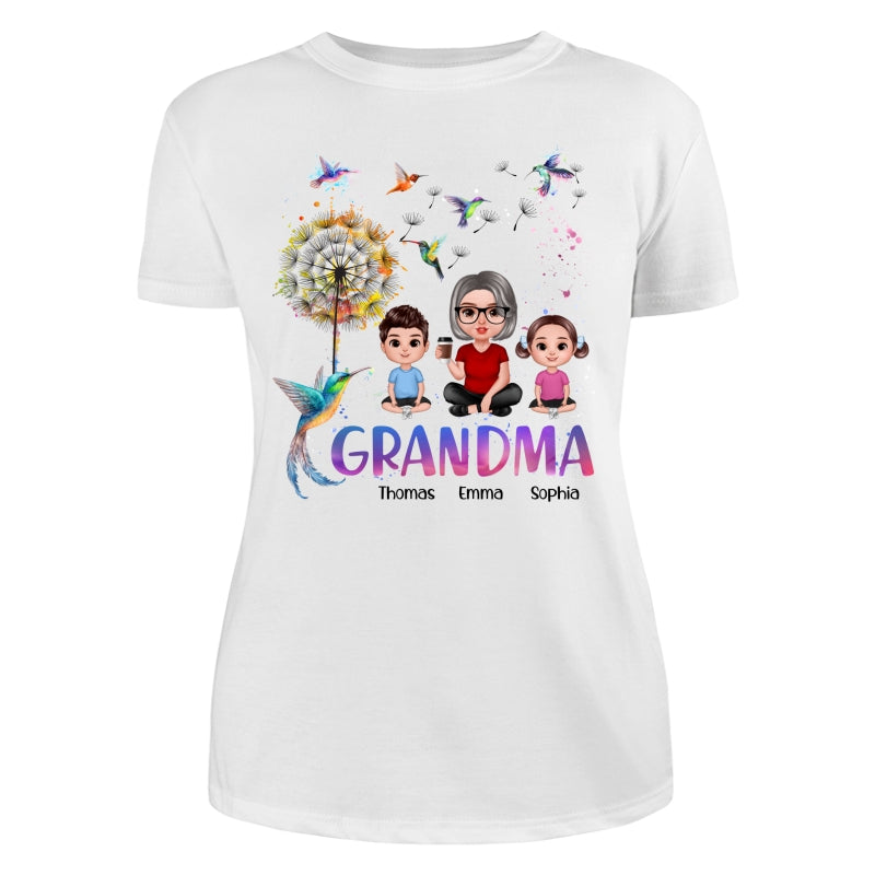 Realistic Doll Grandma Grankids Hummingbird Dandelion Personalized Shirt