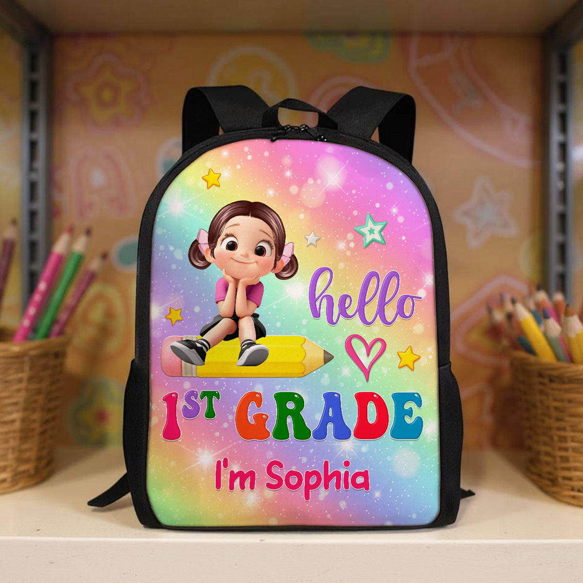 Kid Sitting On Pencil Personalized Kid Backpack, Back To School gift