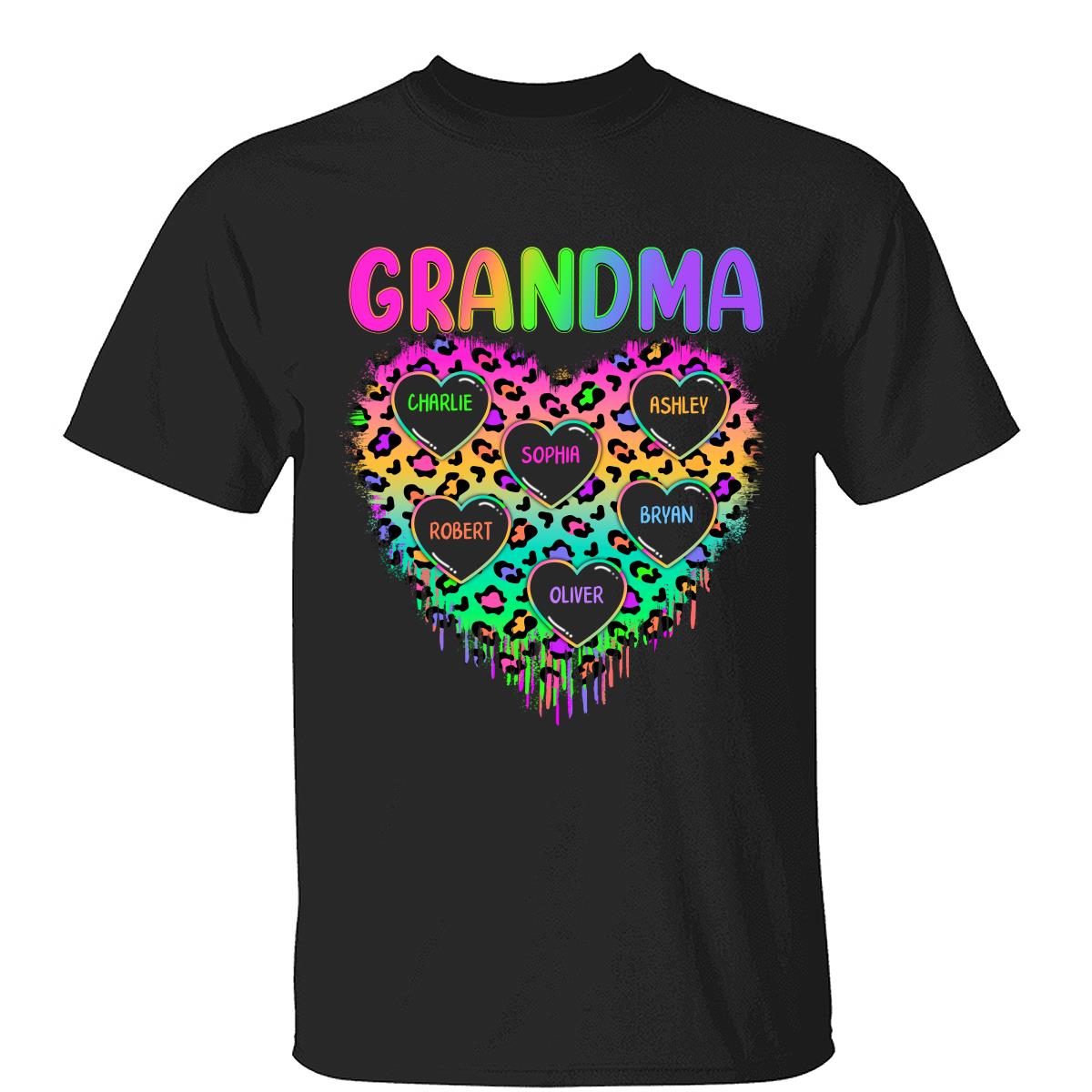 Neon Leopard Grandma Hearts In Hearts Grandkids Names Personalized Shirt