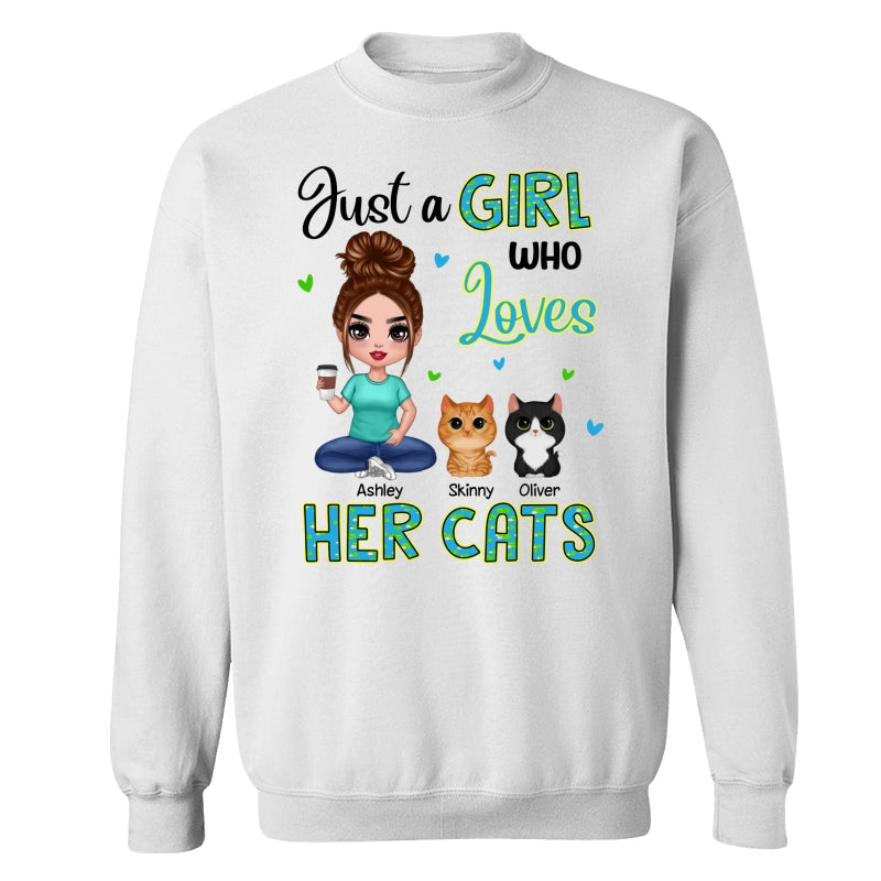 Green Pattern Just A Woman Who Loves Cats Doll Girl Sitting With Watercolor Cute Cats Personalized Shirt