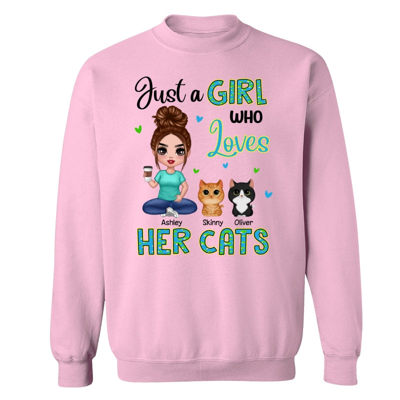 Green Pattern Just A Woman Who Loves Cats Doll Girl Sitting With Watercolor Cute Cats Personalized Shirt