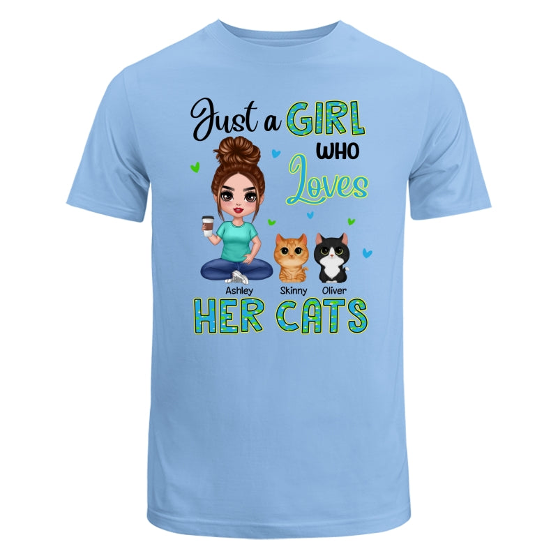 Green Pattern Just A Woman Who Loves Cats Doll Girl Sitting With Watercolor Cute Cats Personalized Shirt