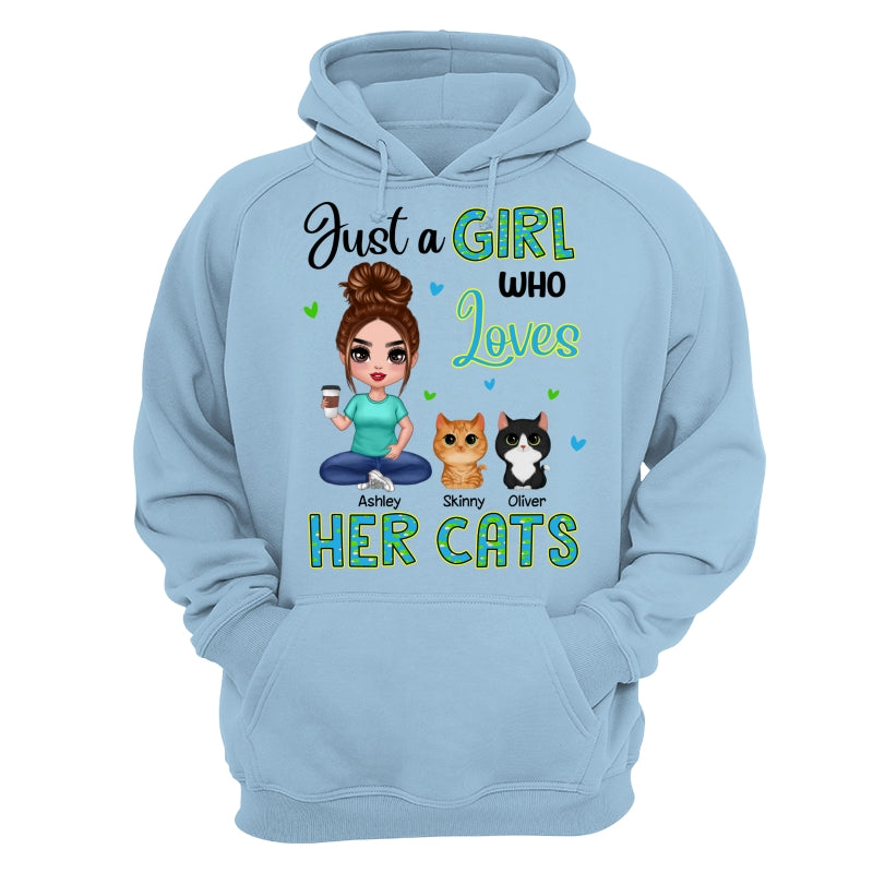 Green Pattern Just A Woman Who Loves Cats Doll Girl Sitting With Watercolor Cute Cats Personalized Shirt