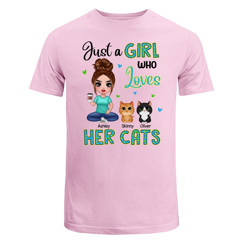 Green Pattern Just A Woman Who Loves Cats Doll Girl Sitting With Watercolor Cute Cats Personalized Shirt
