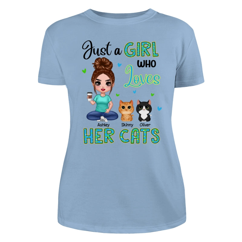 Green Pattern Just A Woman Who Loves Cats Doll Girl Sitting With Watercolor Cute Cats Personalized Shirt