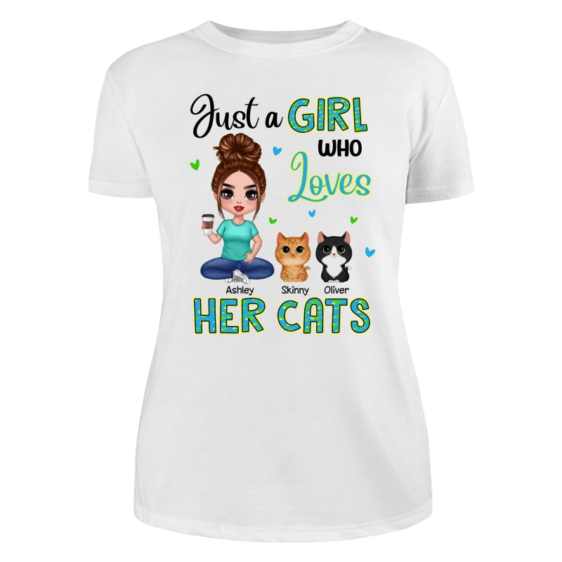 Green Pattern Just A Woman Who Loves Cats Doll Girl Sitting With Watercolor Cute Cats Personalized Shirt
