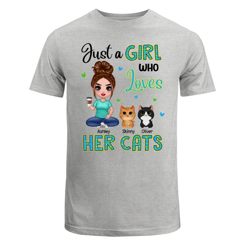 Green Pattern Just A Woman Who Loves Cats Doll Girl Sitting With Watercolor Cute Cats Personalized Shirt
