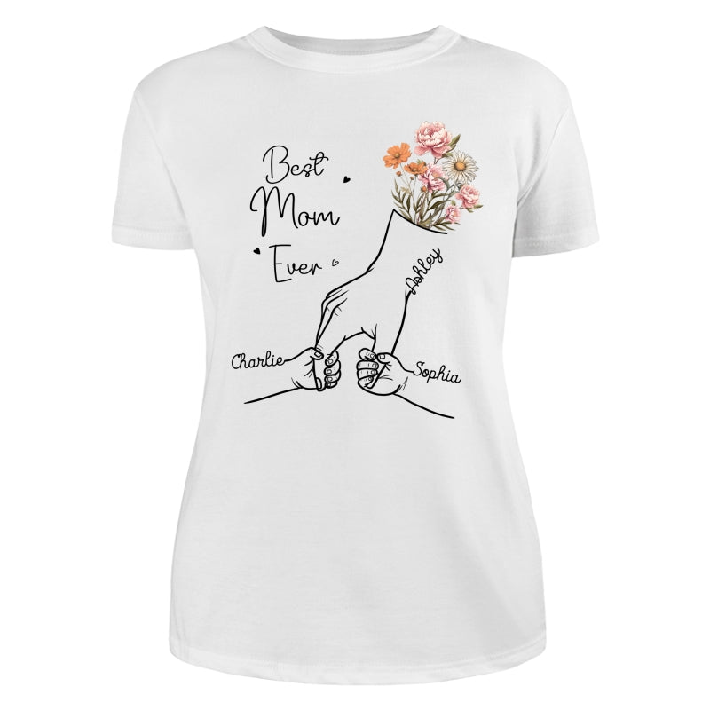 Best Mom Grandma Ever Outline Kids Holding Hand Birth Flowers Personalized Shirt