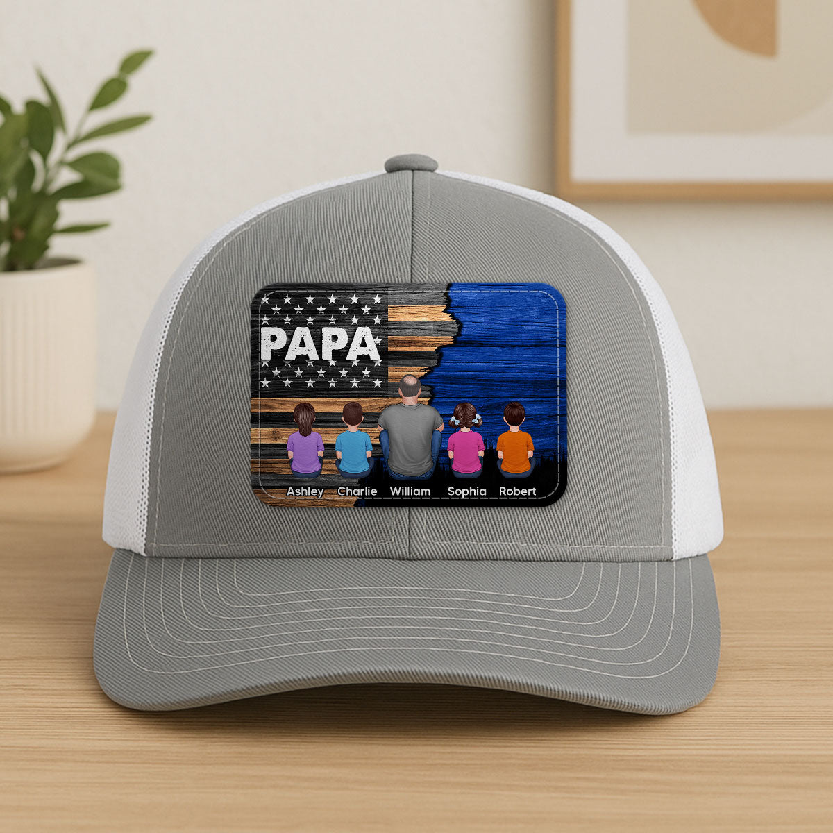 Dad Grandpa Papa Back View Sitting With Kids Half Nation Flag Personalized Leather Patch Hat