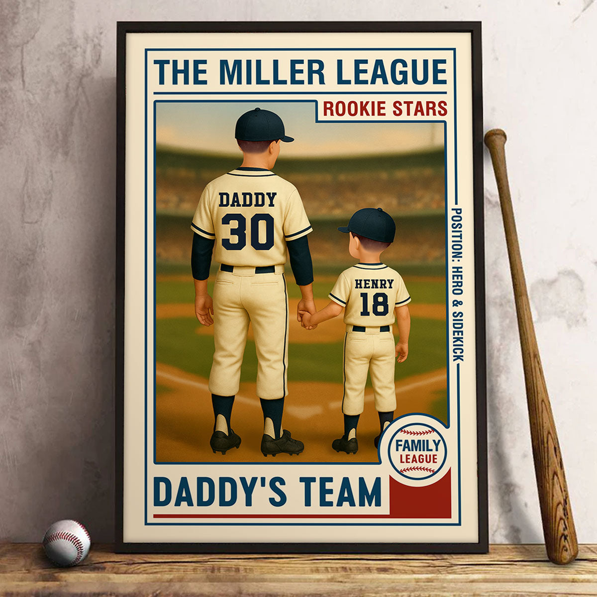 Family League Daddy's Team No. 1 Dad Man & Kids Baseball Retro Personalized Poster, Father's Day Gift for Dad, Gift for Husband
