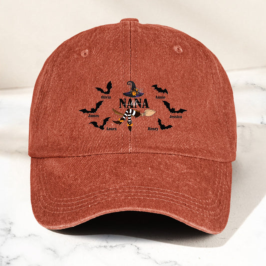 Nana Life - Halloween Witch With Custom Kids Names - Personalized Distressed Denim Cap