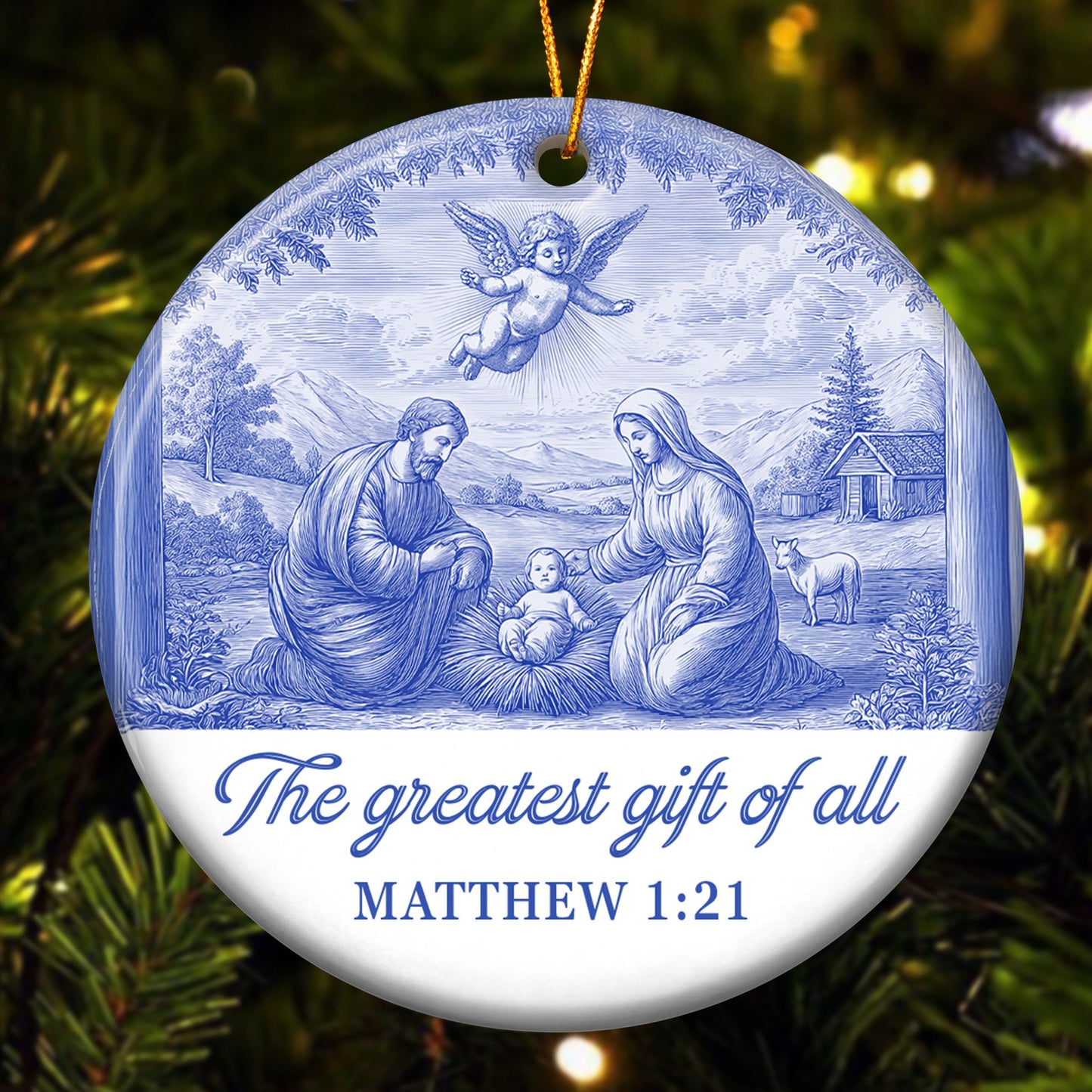 Nativity Scene Blue Toile De Jouy Christmas Holy Family - Ceramic Ornament