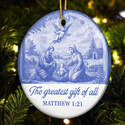 Nativity Scene Blue Toile De Jouy Christmas Holy Family - Ceramic Ornament