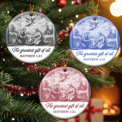 Nativity Scene Blue Toile De Jouy Christmas Holy Family - Ceramic Ornament