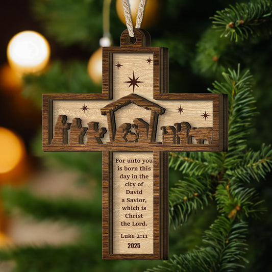 Nativity Cross Scripture Christmas Decoration - Personalized Wooden Ornament