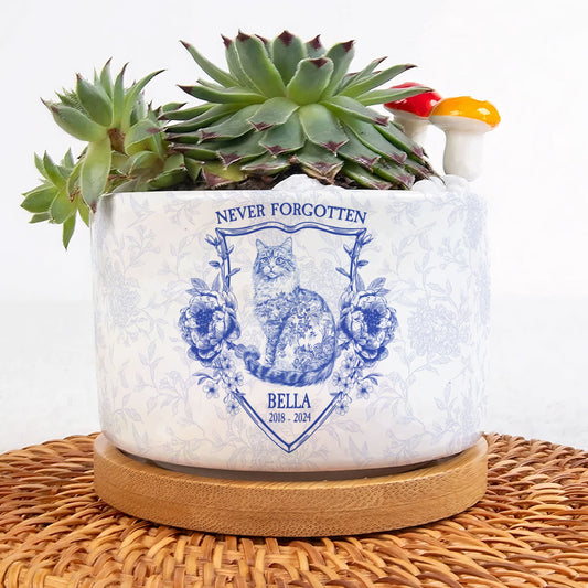 Never Forgotten Cat Toile De Jouy Style - Personalized Ceramic Plant Pot With Tray