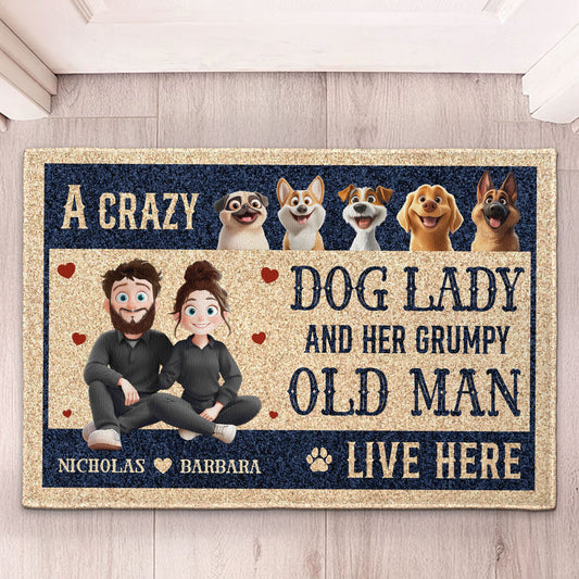 New Version Couple A Crazy Dog Lady And Her Grumpy Old Man - Personalized Doormat