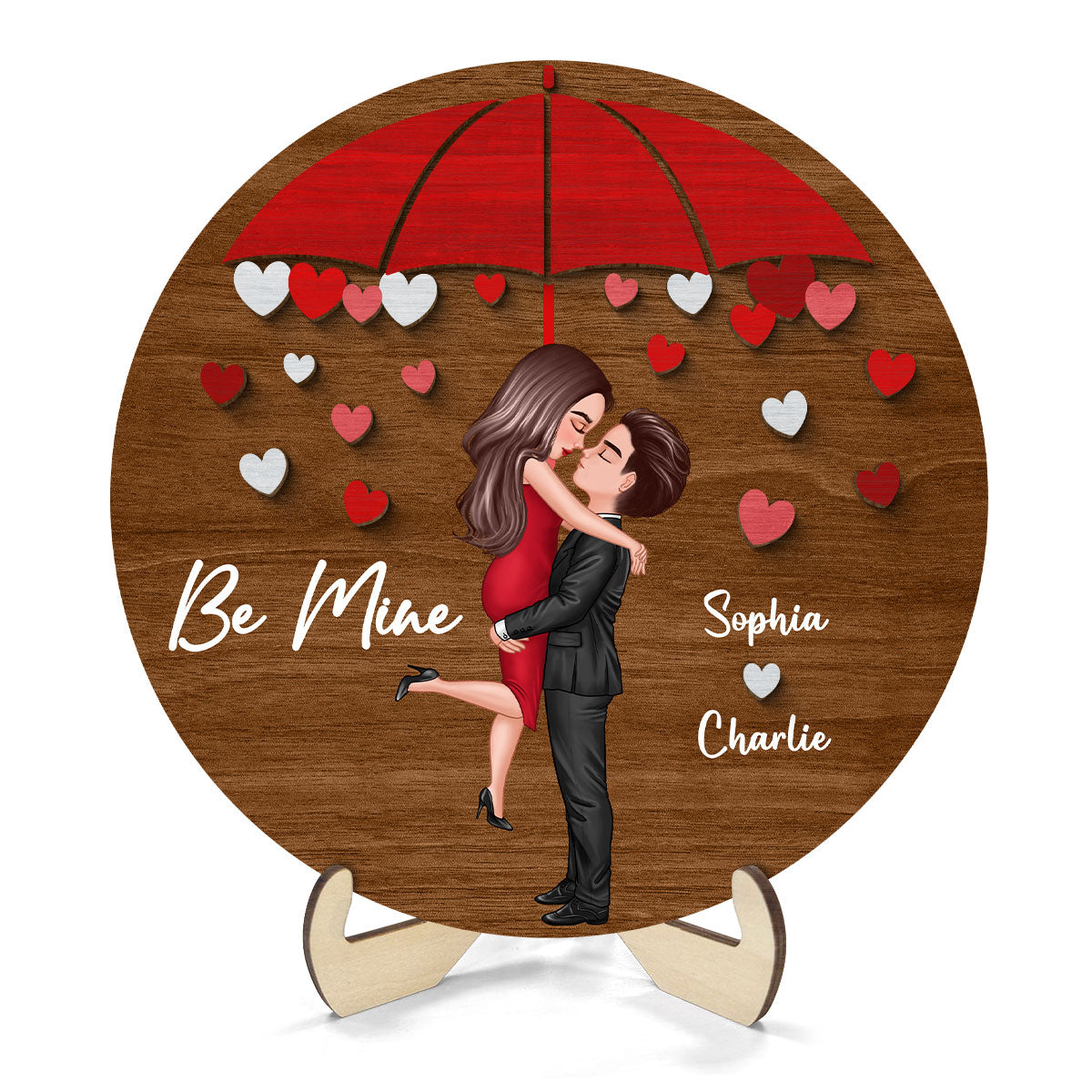 Couple Hugging Kissing Under Umbrella Valentine‘s Day Gift Personalized 2-layer Wooden Plaque