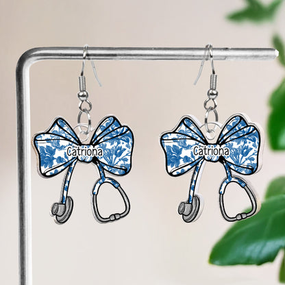 Nurse Stethoscope Bow Coquette Ribbon Nursing Gift - Personalized Acrylic Earrings