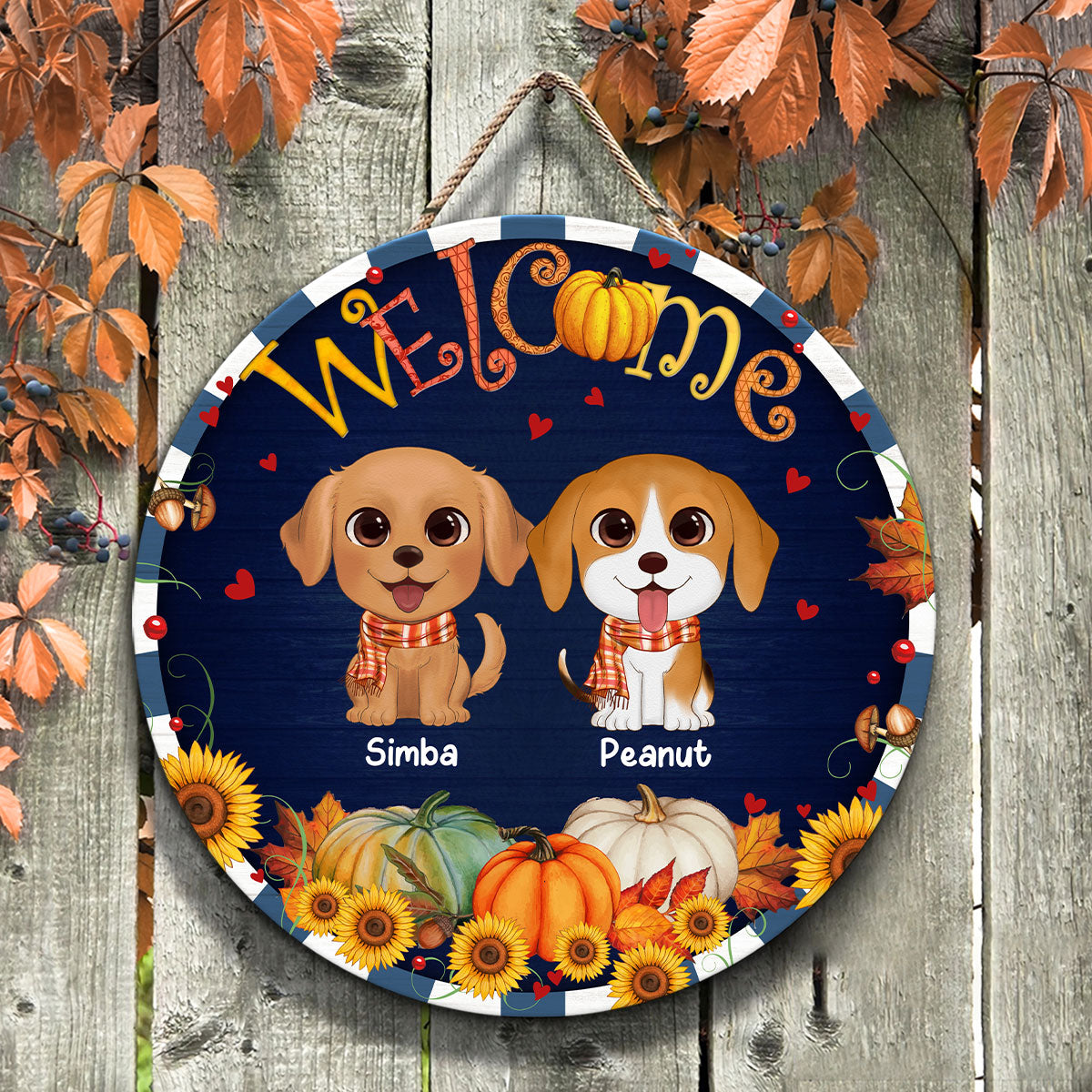 Fall Season Frame Watercolor Cute Dogs Personalized Door Hanger Sign