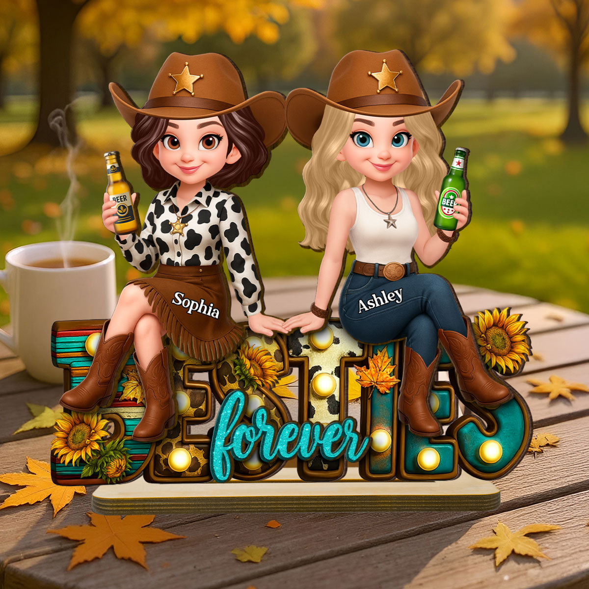 Western Fall Vibe Besties Personalized Standing Wooden Plaque, Fall Gift for Best Friends