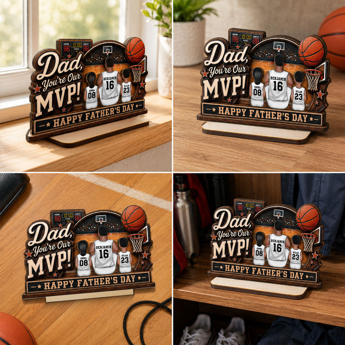 Dad You Are Our MVP Sitting Basketball Man & Kids 2D Flat - Personalized 2-Layered Wooden Plaque -  Gift For Basketball Dad