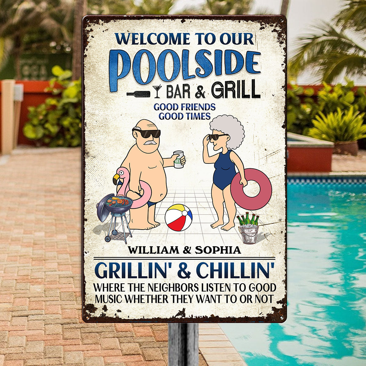 Welcome To Our Poolside Funny Old Couple Personalized Metal Sign