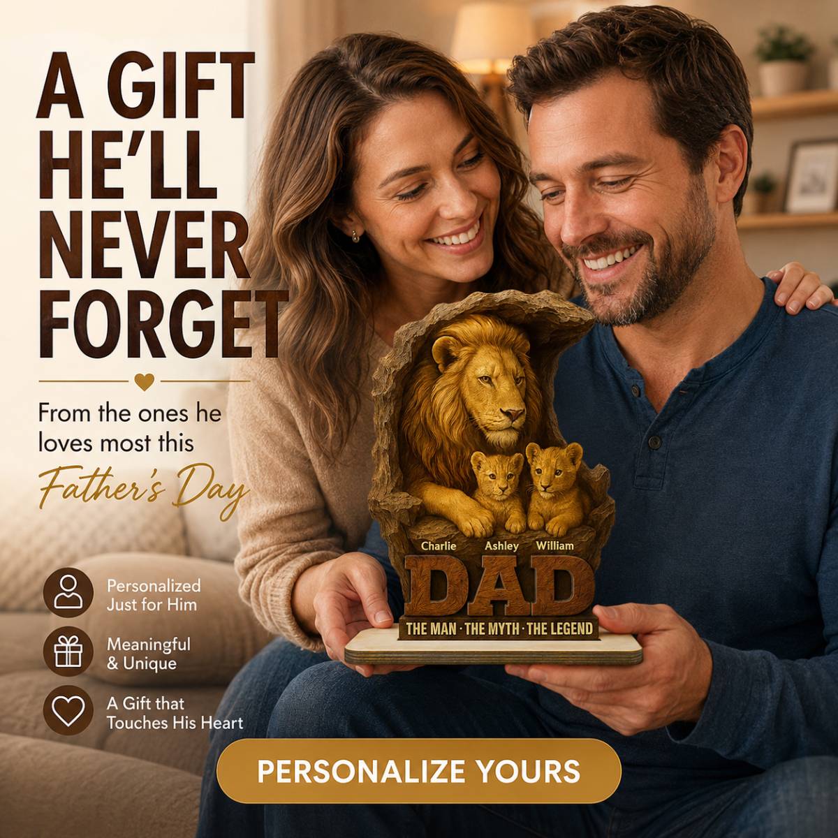 Lion Dad And Kids Personalized 2- Layer Standing Wooden Plaque, Unique  Gift For Dad