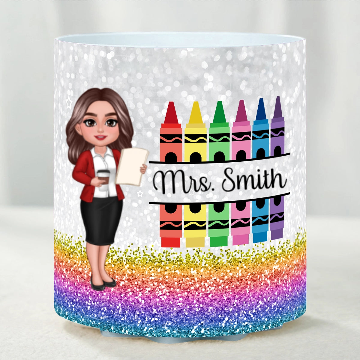 Teacher Crayon Glitter Texture Personalized Rotating Pen Holder, Teacher Appreciation Gift, Back To School Gift