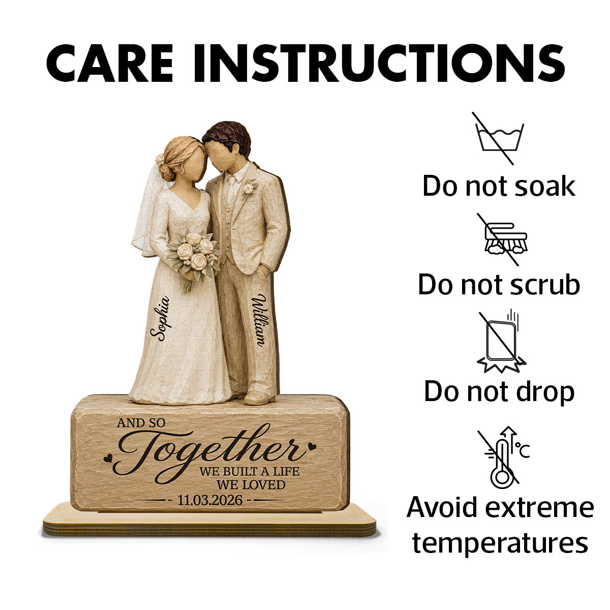 Wedding Couple 2D Flat - Personalized 2-Layered Wooden Plaque - Wedding Keepsake Gift For Couple