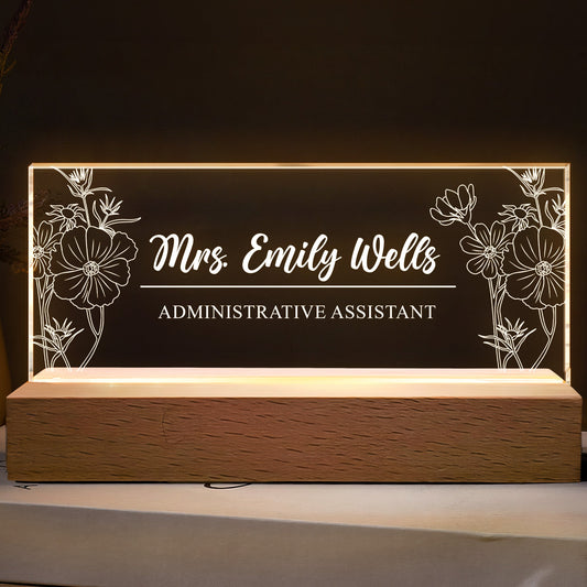 Office Name Plate Desk Decor - Custom Birth Flower Gift For Colleagues, Coworkers, Boss Lady - Personalized LED Night Light