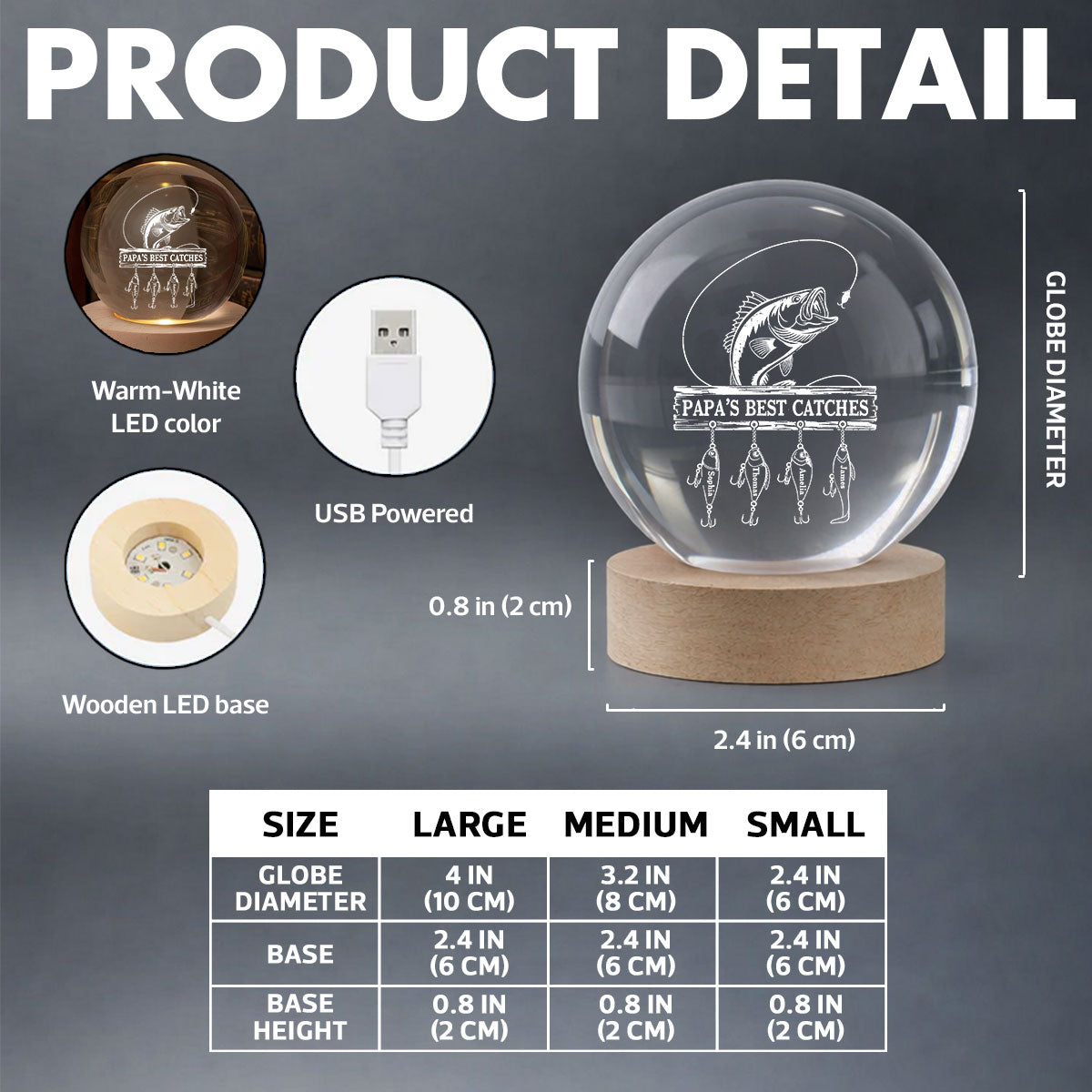 Daddy Grandpa Best Catch Fishing - Personalized Crystal Ball LED Night Light - Heartfelt Gift For Dad, Gift For Grandpa