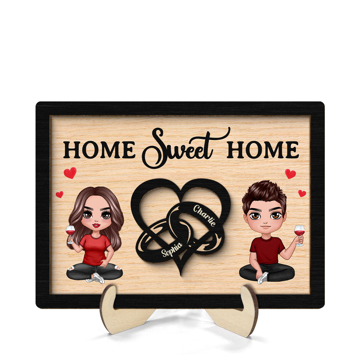 Doll Couple Heart Rings Valentine‘s Day Gift Personalized 2-layer Wooden Plaque