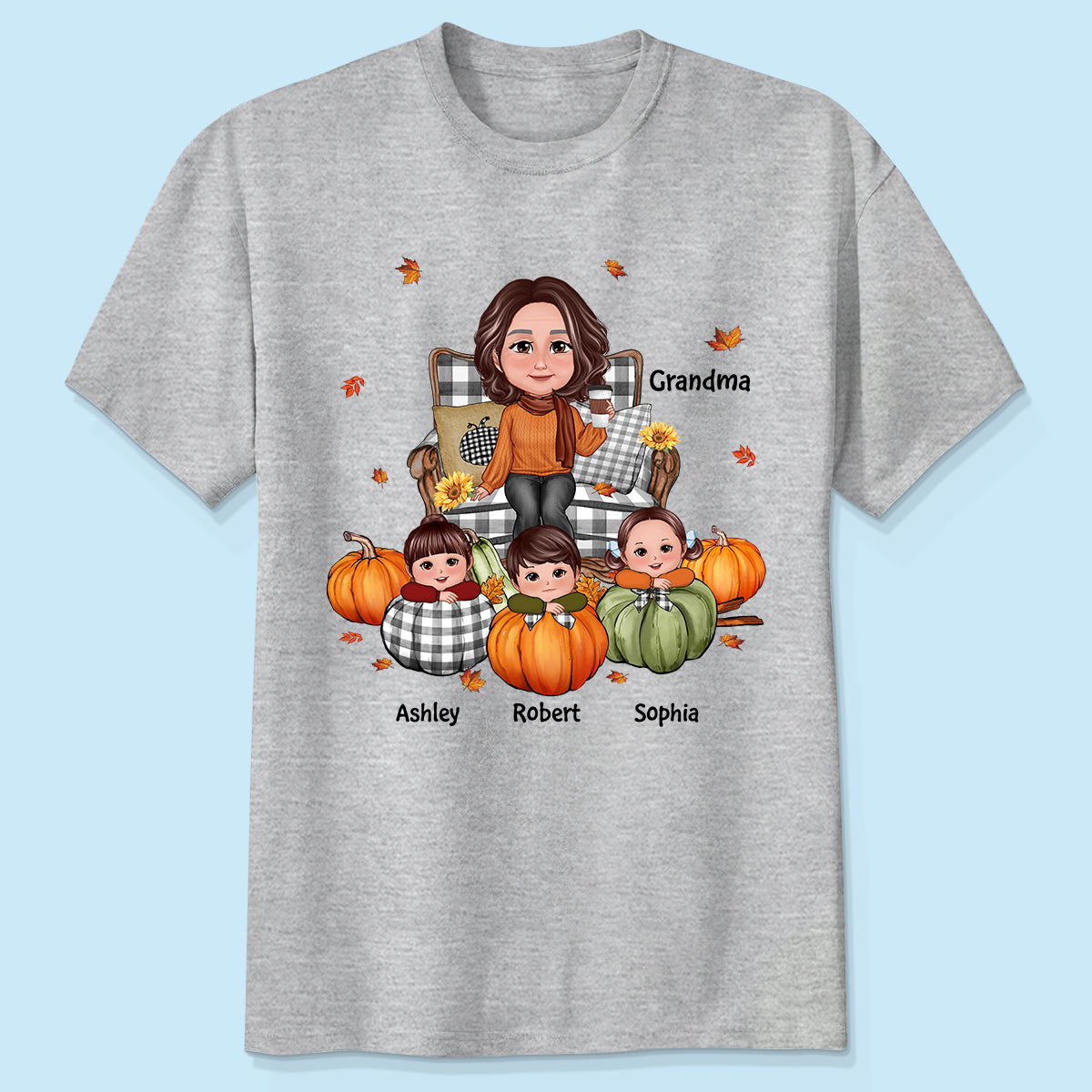 Grandma Sitting On Chair & Kids Pumpkin - Personalized Shirt