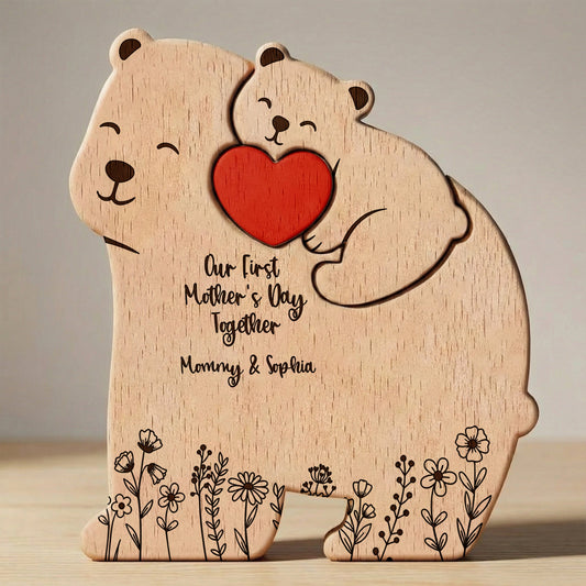 Father's Day Gifts, Our 1st Mother's Day Together - Mama Bear Mom & Baby Cub - Floral Style - Personalized Puzzle