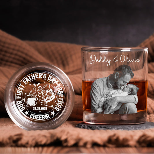 Father's Day Gifts, Our First Father's Day Together Cheers! - Personalized Whiskey Glass With Photo