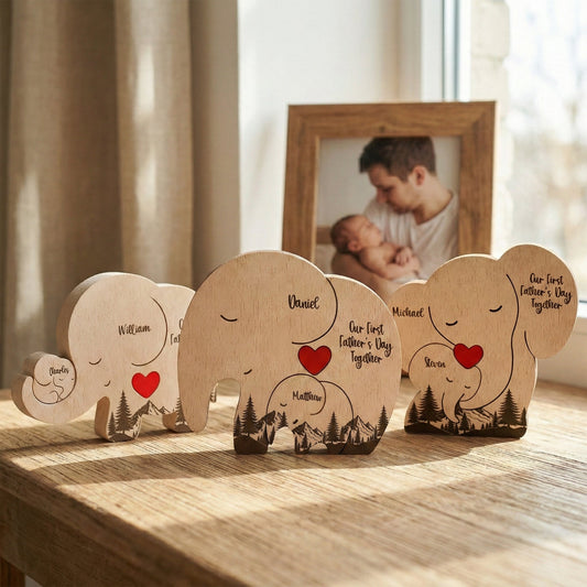 Father's Day Gifts, Our 1st Father's Day Together - Elephant Dad & Baby - Forest Style - Personalized Puzzle