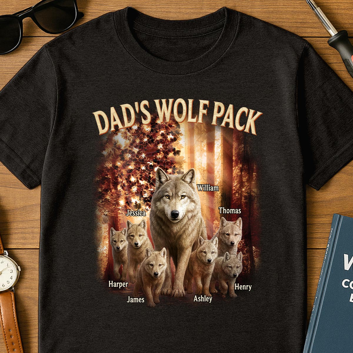 Dad's Wolf Pack Nation Flag Forest Personalized Shirt| Coolest Father's Day Gift For Dad, 4th of July Shirt