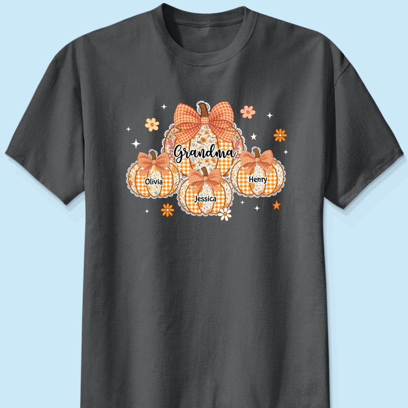 Lace Pattern Grandma Custom Pumpkins With Kids Names - Personalized Shirt - Gift For Grandmas, Fall Vibe Cozy Shirt