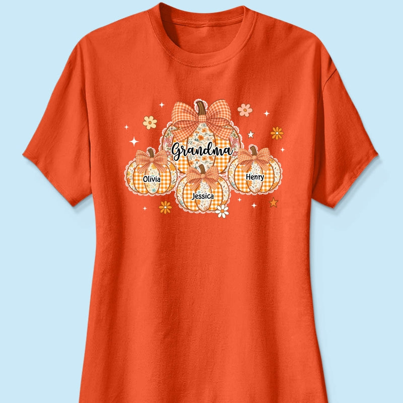 Lace Pattern Grandma Custom Pumpkins With Kids Names - Personalized Shirt - Gift For Grandmas, Fall Vibe Cozy Shirt
