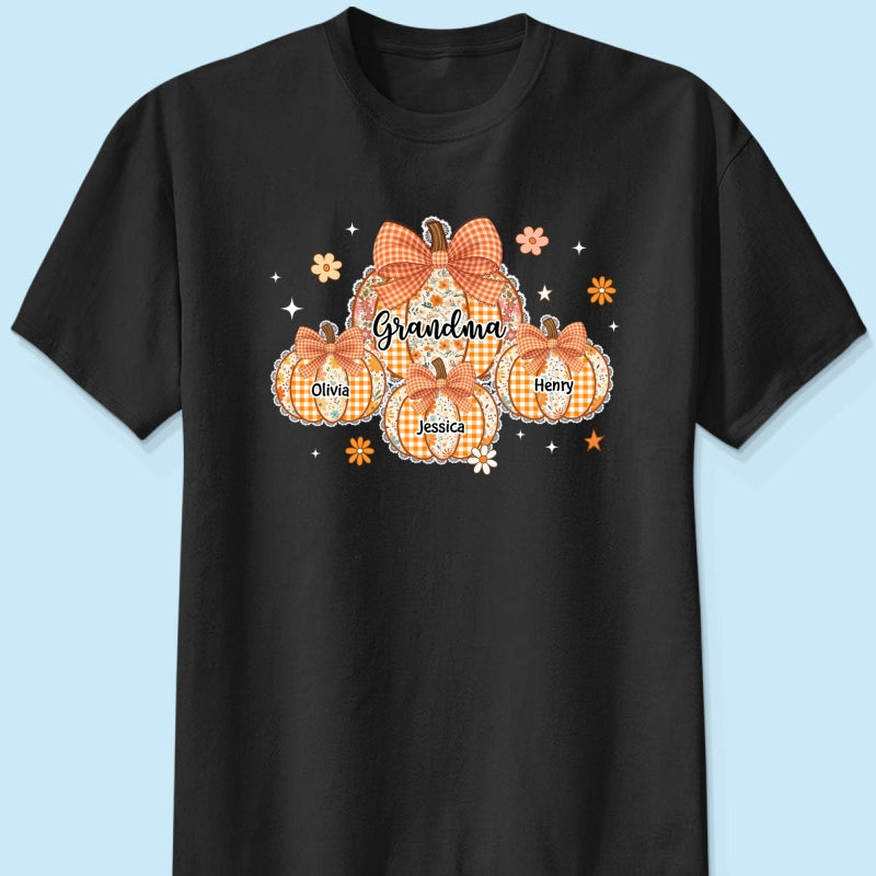 Lace Pattern Grandma Custom Pumpkins With Kids Names - Personalized Shirt - Gift For Grandmas, Fall Vibe Cozy Shirt