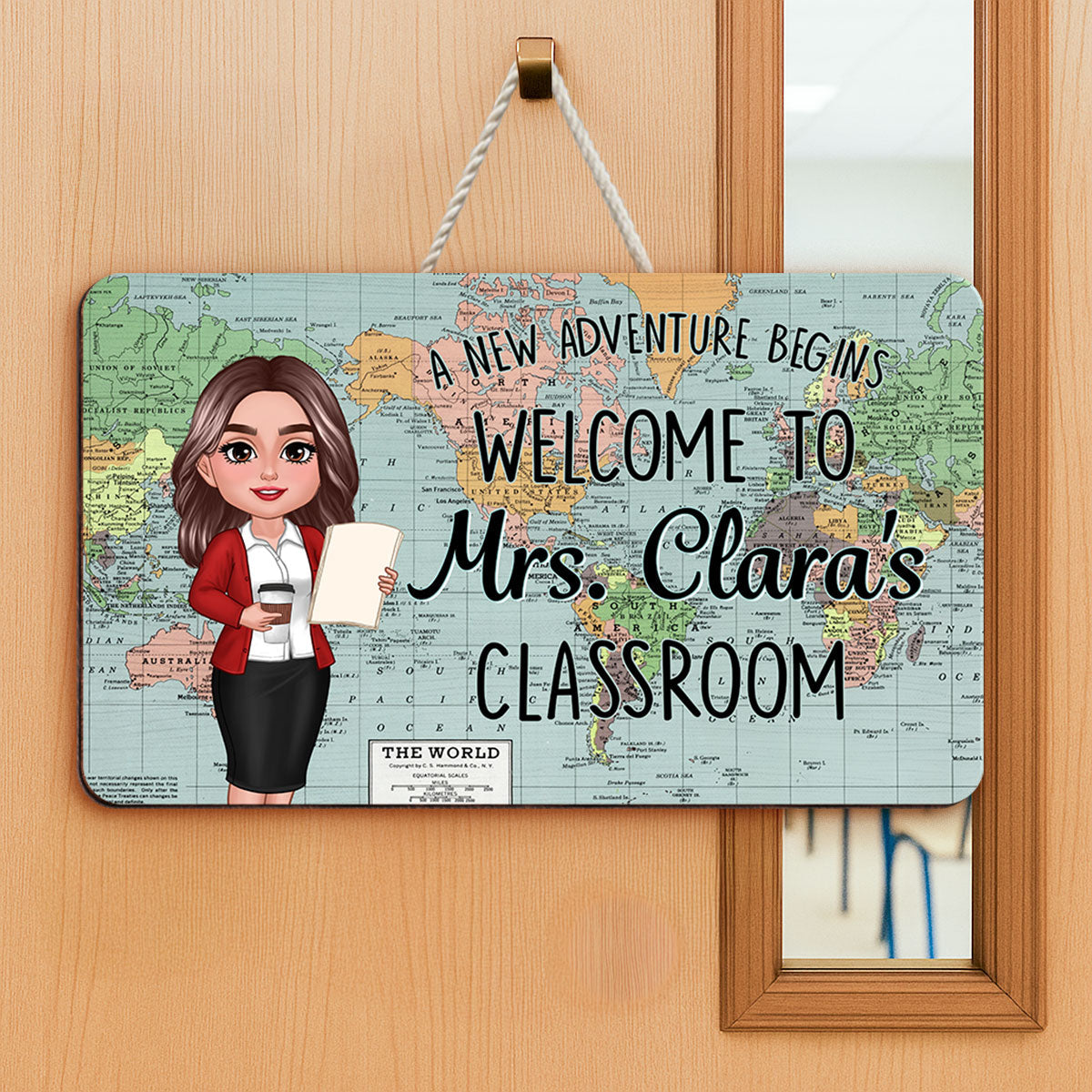 World Map Adventure Themed Welcome To Classroom Personalized Rectangle Door Hanger, Back To School, Classroom Decor