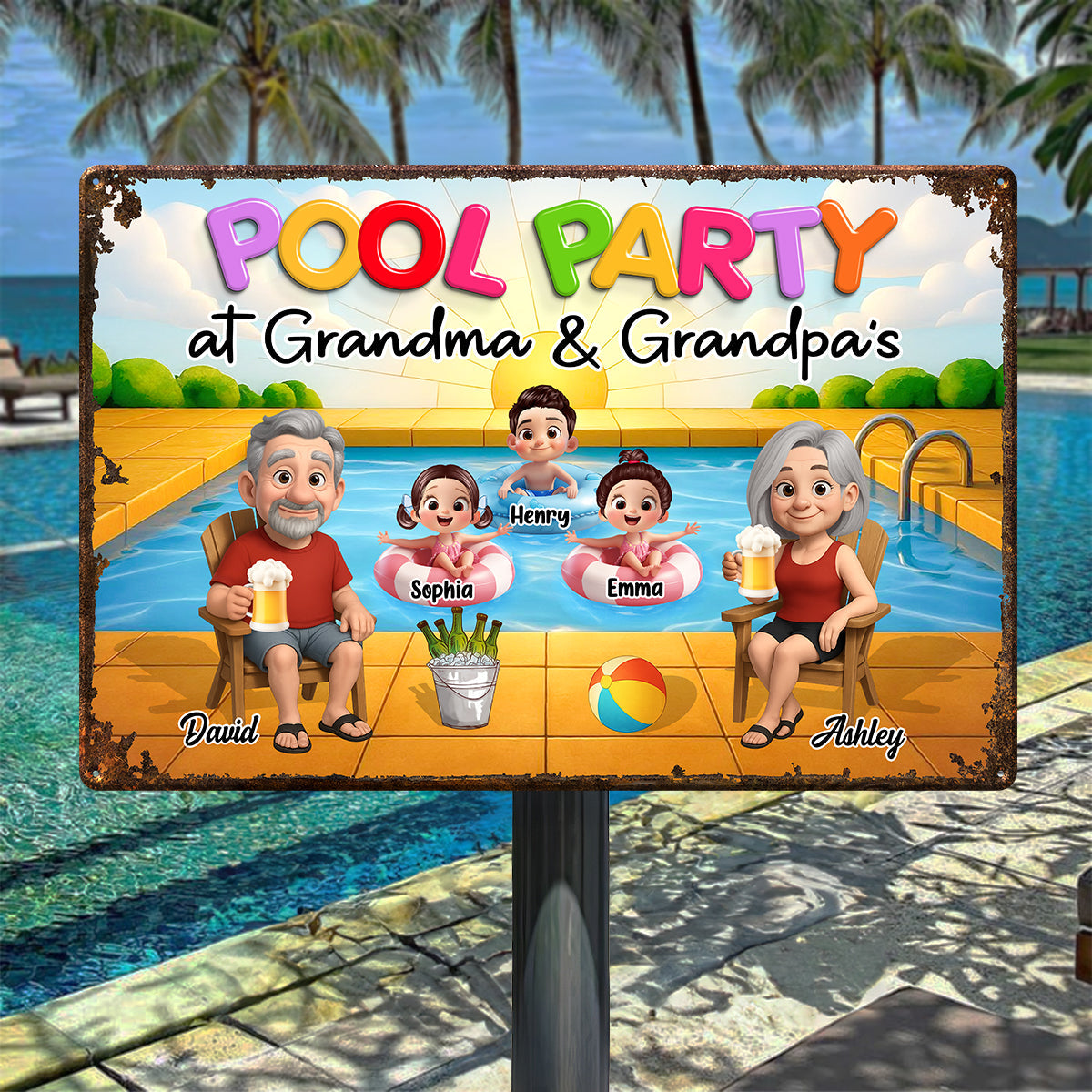 Pool Party At Grandma Grandpa Personalized Metal Sign, Grandparents Hosting Grandkids